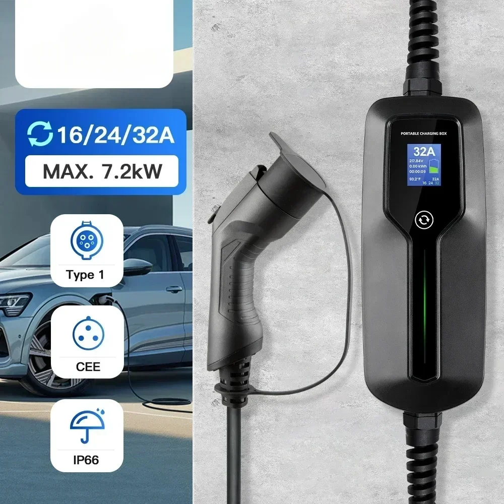 Morec 7KW Portable EV Charger Type 1 32A Electric Vehicle Charging Box Mode 2 Charging Cable For Electric Car CEE Plug EVSE