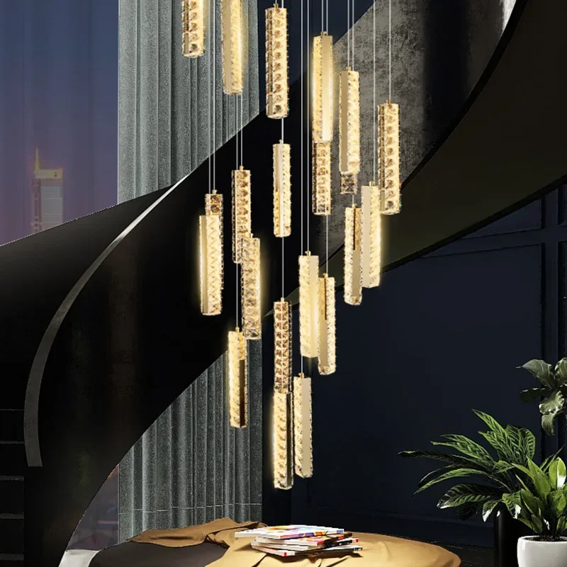 Empty light luxury villa crystal staircase light rotating atmosphere hotel lobby duplex building sky luxury warm chandelier