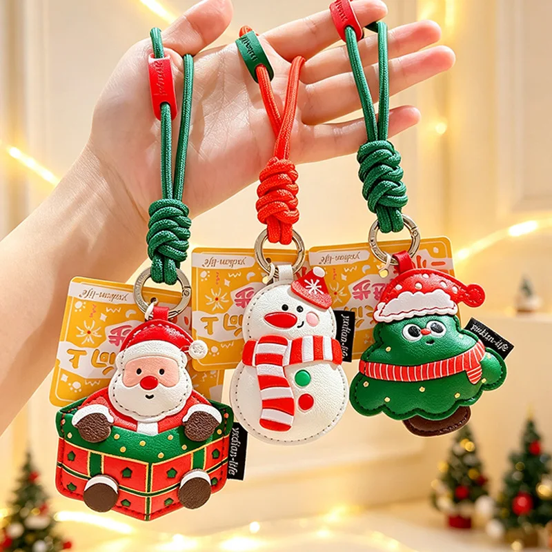PU Leather Christmas Ornament Keyring Cute Santa Claus Christmas Tree Snowman Keychain Car Backpack Charm Pendant Christmas Gift