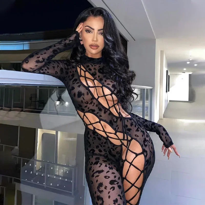 Body Sexy de manga larga con cuello redondo para mujer, mono negro con cordones de leopardo, traje de una pieza