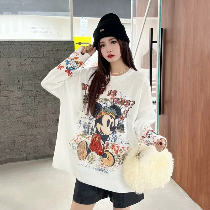 

MINISO новая приталенная и утягивающая футболка с надписью Микки, прочный вязаный свитер с длинными рукавами и стразами для женщин