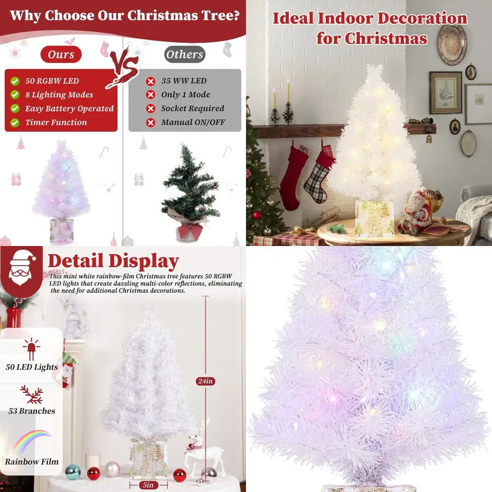 

Battery-Powered 2FT Mini Christmas Tree with 50 Multi-Color LED Lights, Gold Base, for Tabletop Decor