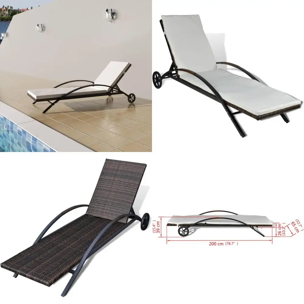 Brown Outdoor Poly Rattan Chaise Lounge Chair with Cushion and Wheels, Reclining Patio Beach Pool Furniture