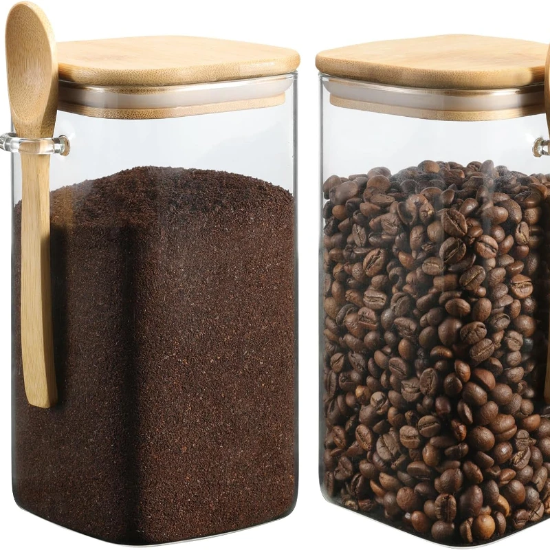 Glass Square Storage Jar with Bamboo Lids Spoon Glass Coffee Canister Food Container for Beans Pasta Candy Spice Rice Loose Tea