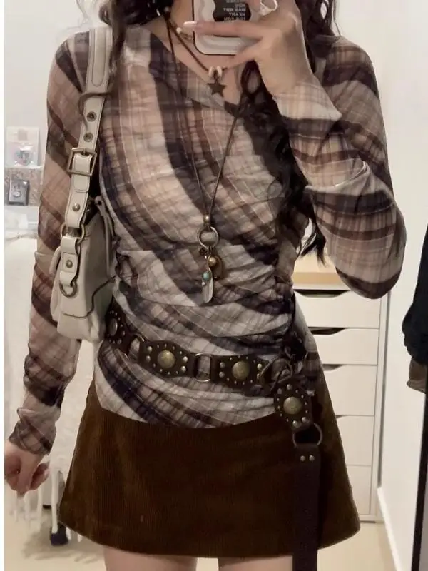 

Женская облегающая футболка с длинным свеком, весна 2023, клетчатая шелковая сетка, плиссированная асимметричная нейлоновая футболка, Новое поступление Faion Basic Polye...