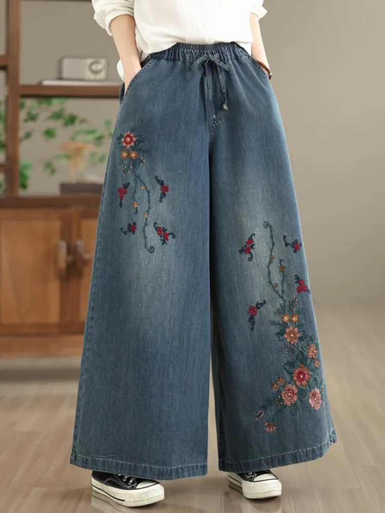 

Retro Ethnic Sle Embroidered Floral Women's Jeans Elastic Waist Wide Leg Long Pants Spring Faionable Casual Skinnier