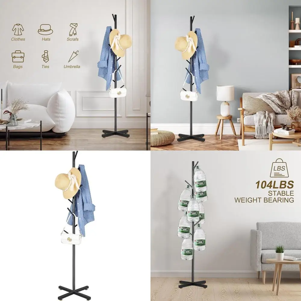 

8-Hook Black Metal Coat Rack Stand, Easy Assembly, Ideal for Entryway, Hats, Bags, and More
