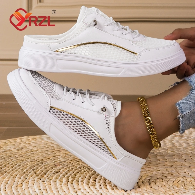 

YRZL 2024 Half Slippers Women Shoes Summer Baotou Mesh Breathable White Flat Shoes Non-slip Comfortable Round Toe Men's Sandals