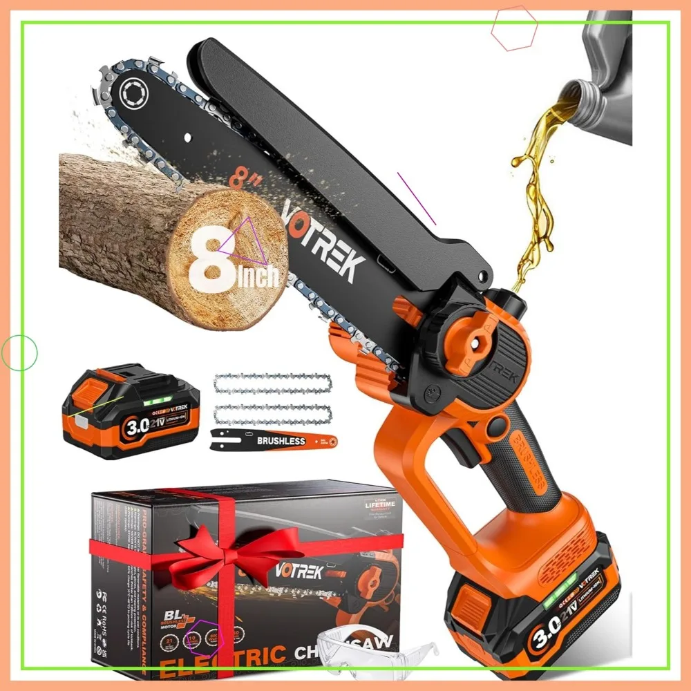 

8-Inch Cordless Mini Chainsaw with Brushless Motor, Auto Oiler, and Tool-Free Tensioner for Wood Cutting