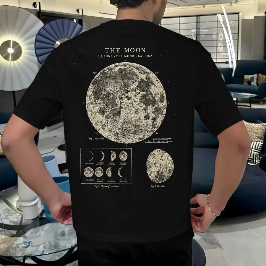 Vintage Moon Phase Graphic T-Shirt for  Men Astronomy Map Printed Tee Minimalist Loose Oversized Cotton Short Sleeve Unseix Tops