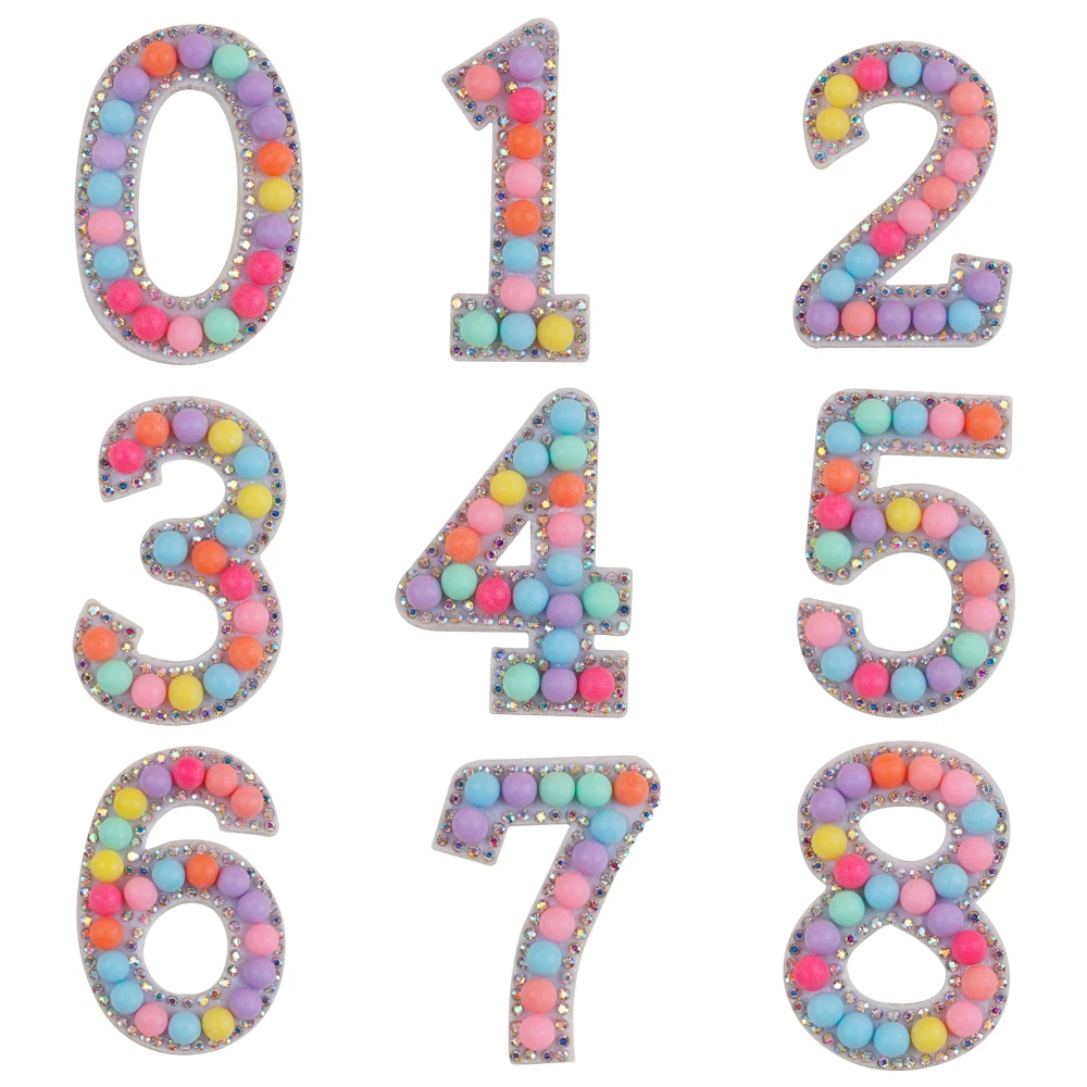 3Types 0-9 3D Pearl Number Iron On Rhinestone Patch Cloth Sticker For Hat Coat Shoes Decoration L0214