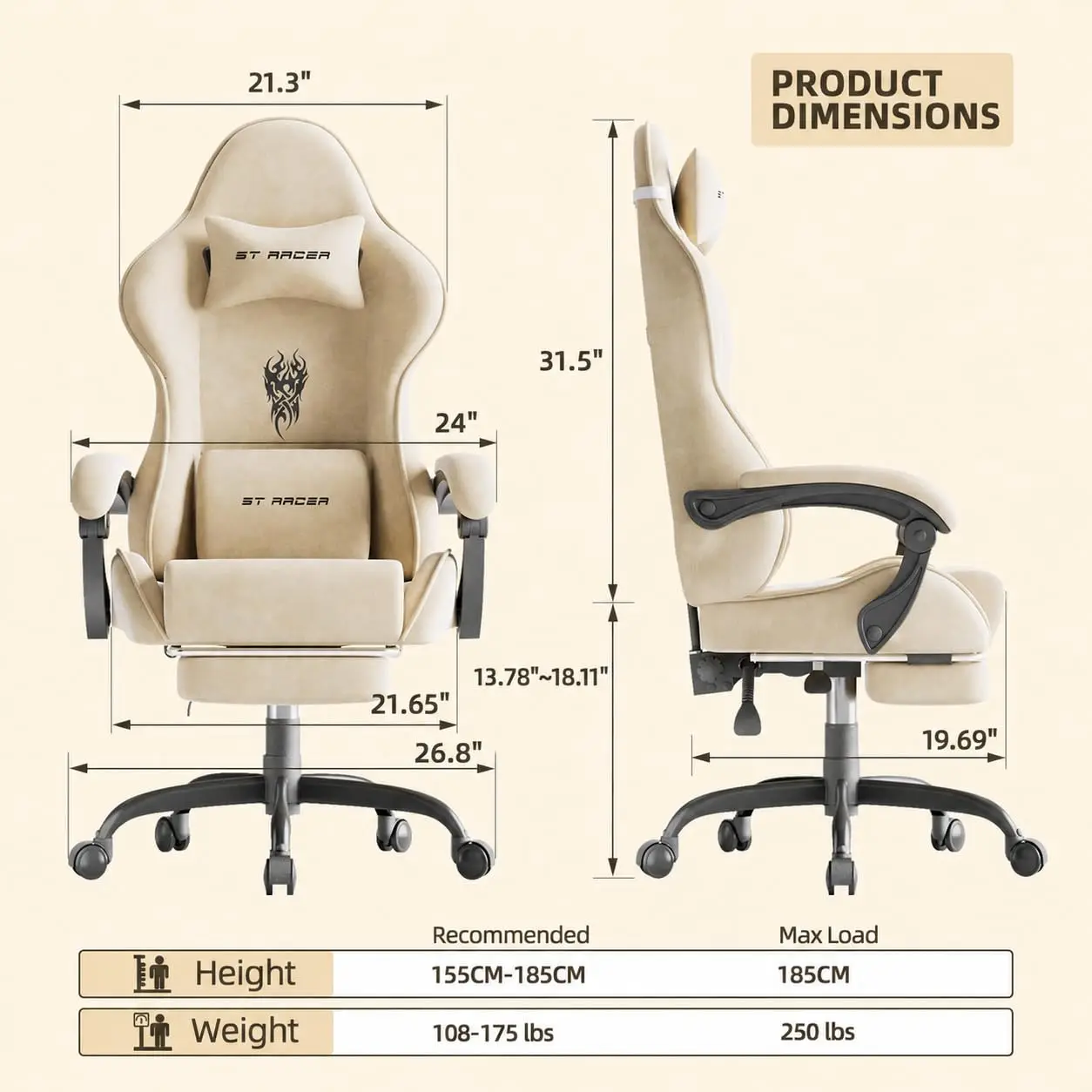 Velvet Fabric Gaming Chairs with Footrest, Ergonomic Video Gamer Chair for Adult, Reclining Office Computer Desk Game