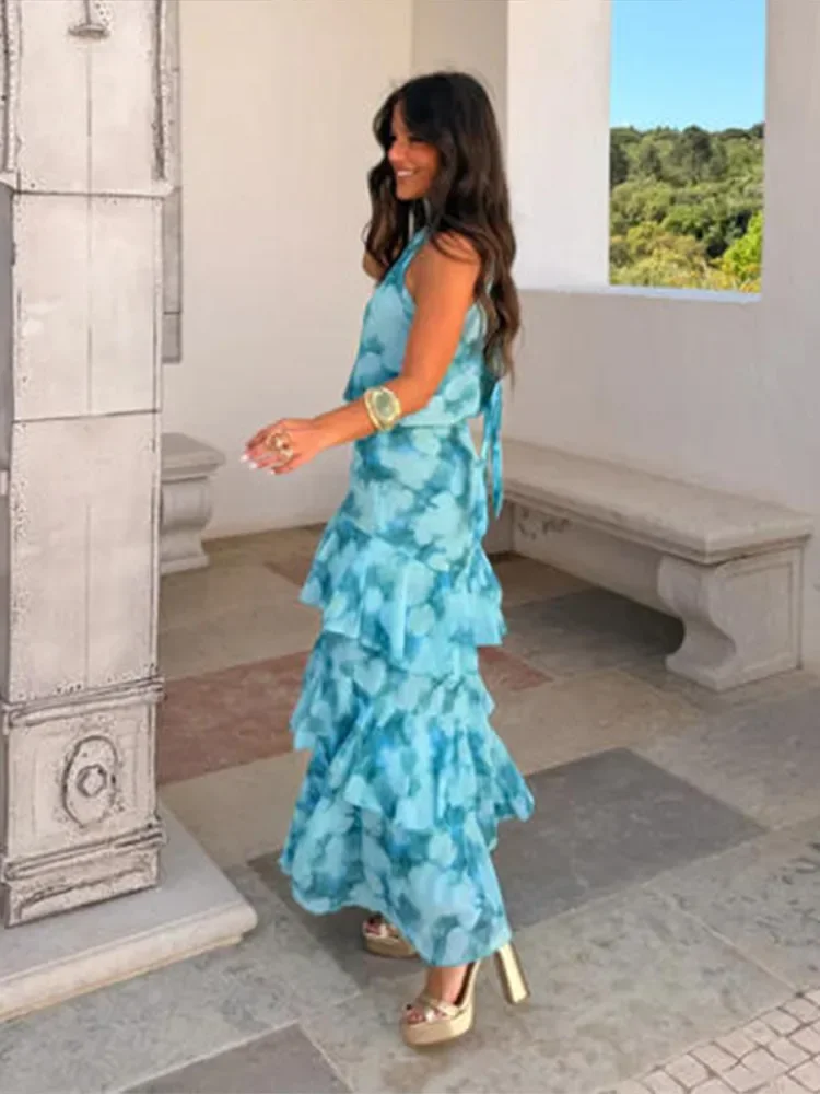 Casual Printed Women's Skirts Suit Sleeveless Backless Halter Vest Cascading Ruffle Long Skirt Set 2026 Summer Chic Lady Outfits image 4