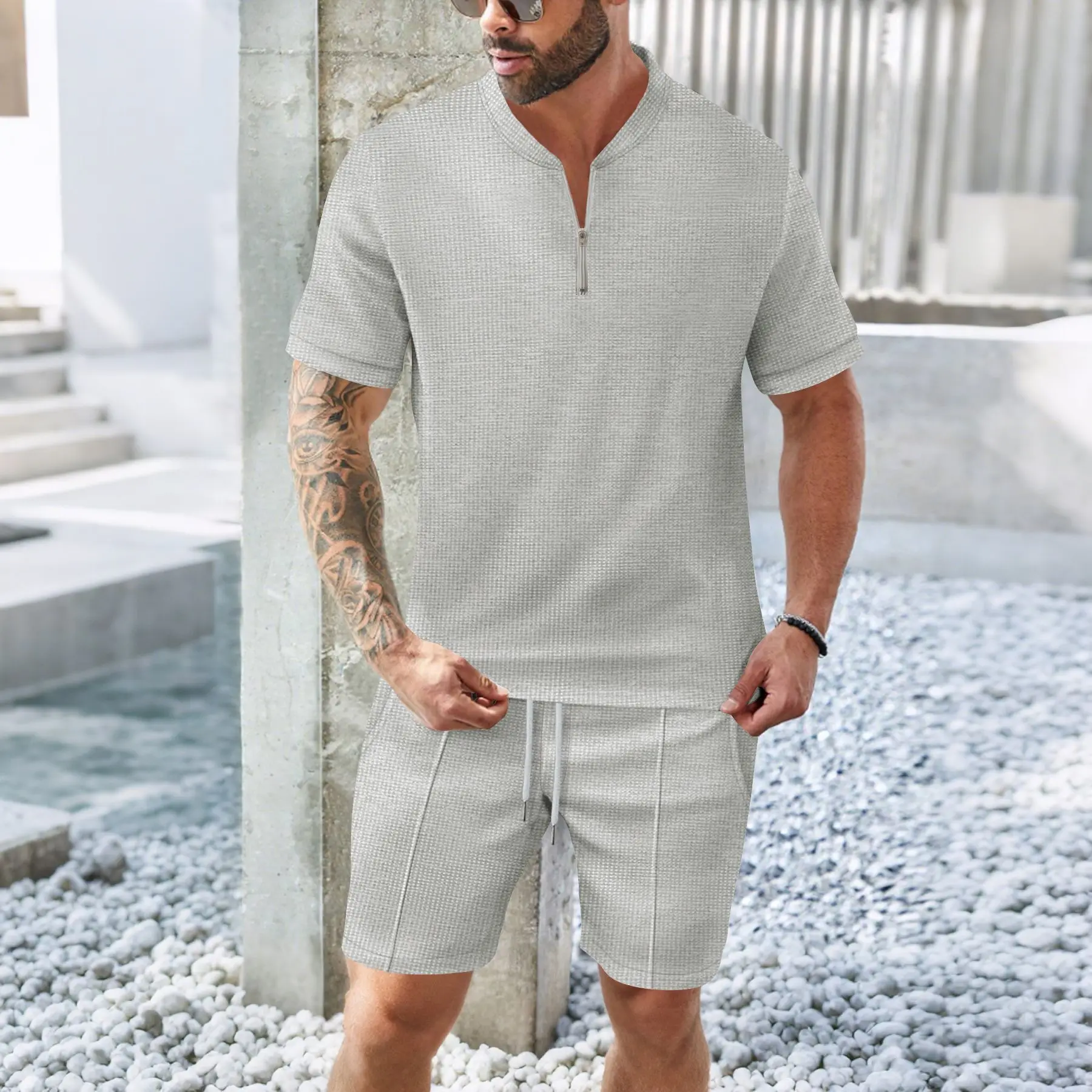 Men's casual set, comfortable waffle fabric stand-up collar, zipper, short sleeve and shorts, outdoor sports two-piece set