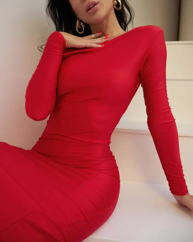 

Mikydely-Sexy Bodycon Dress с открытой спиной, приталенное, с длинным рукавом, монохромное,