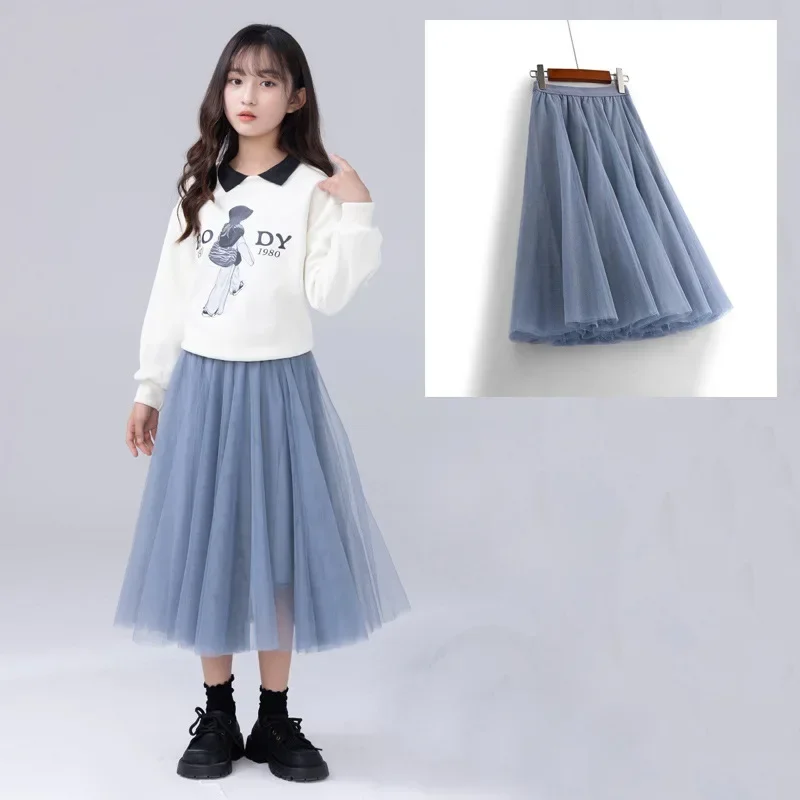 Girls Mesh Skirt Fashion All-match Classic Elegant Dance Teen School Kids Fluffy Skirt Soft High Waist 10 12 Years Child Clothes