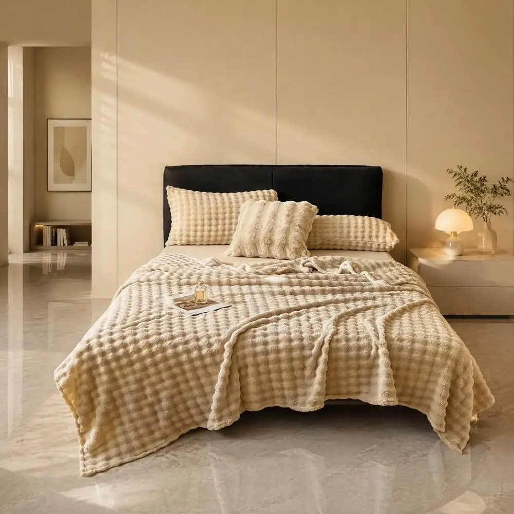 Soft Plush Blanket 3D Bubble Rabbit Fur Texture Thickened Thermal Throw Double-Sided Milk Velvet Blanket for Living Room Bedroom