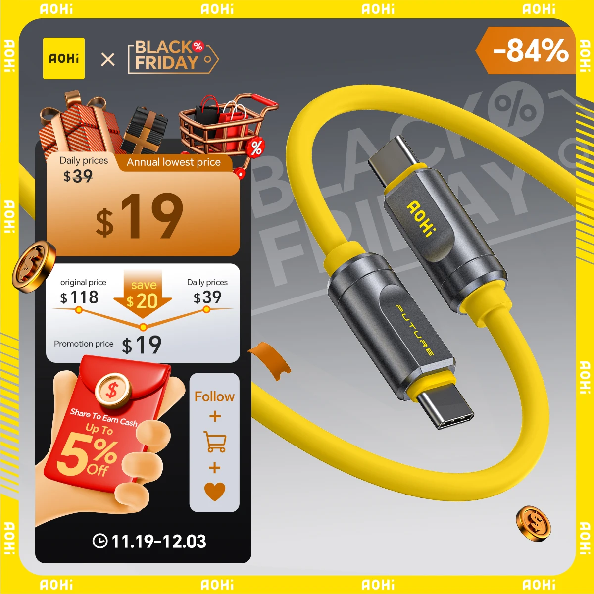 

Кабель AOHI THE FUTURE Adonis USB4 2,0 Type C, 240 Вт, быстрая зарядка, 3,3 фута (120 Гбит/с/8 КБ/ PD3.1) для MacBook iPad