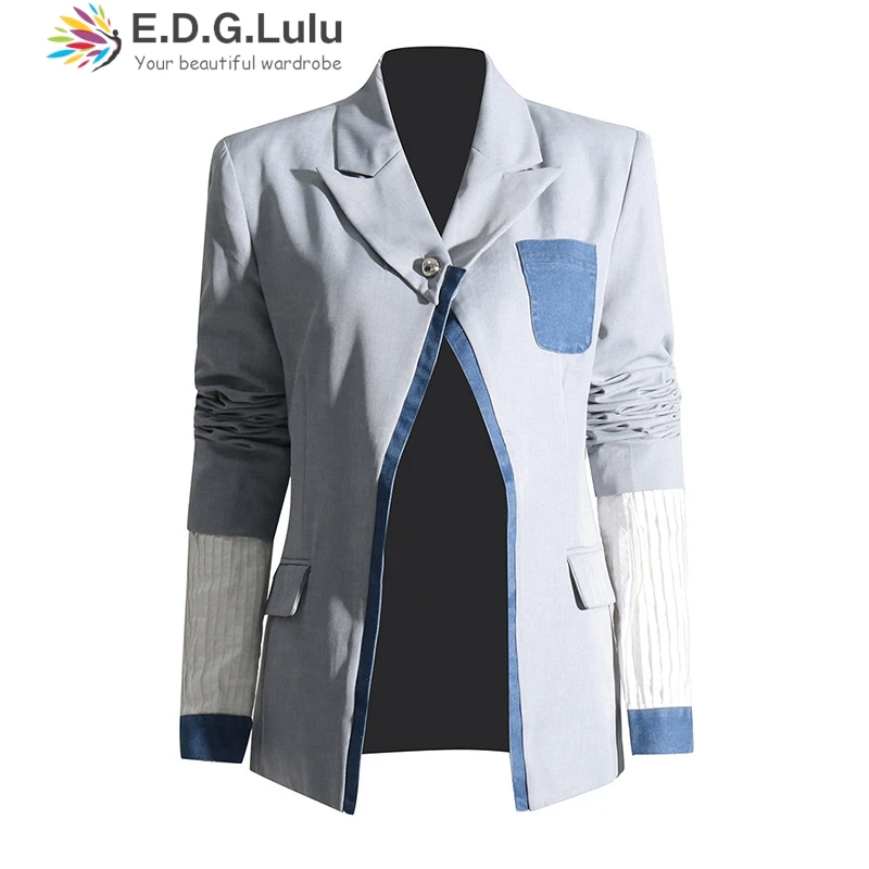 Edglulu feminino turn-down colarinho manga longa blazer nova moda design solto retalhos terno escritório senhoras casaco feminino jacket1212