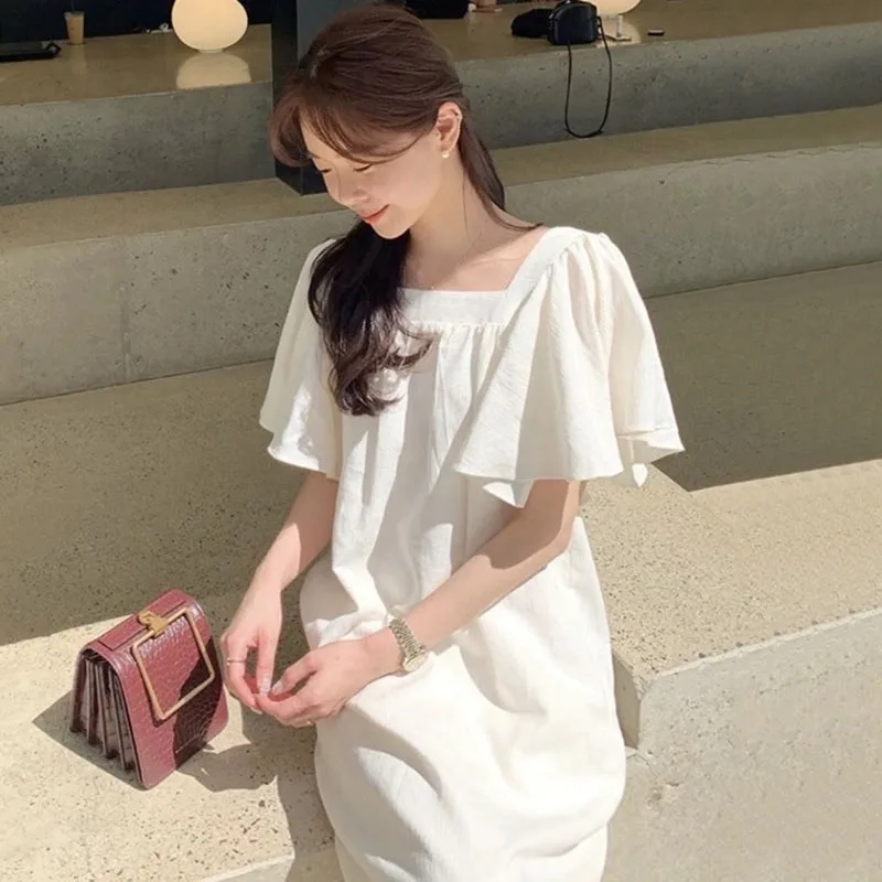 Dresses Women Casual Loose Fashion Square Collar Cozy Korean Style Summer Short Sleeve All-match Youthful Solid Charming College