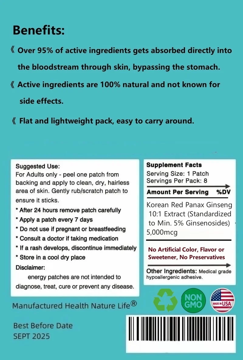 Korean Red Panax Ginseng 5000mcg 8 Transdermal Patches Extra Strength Root Extract Powder Supplement with High Ginsenosides