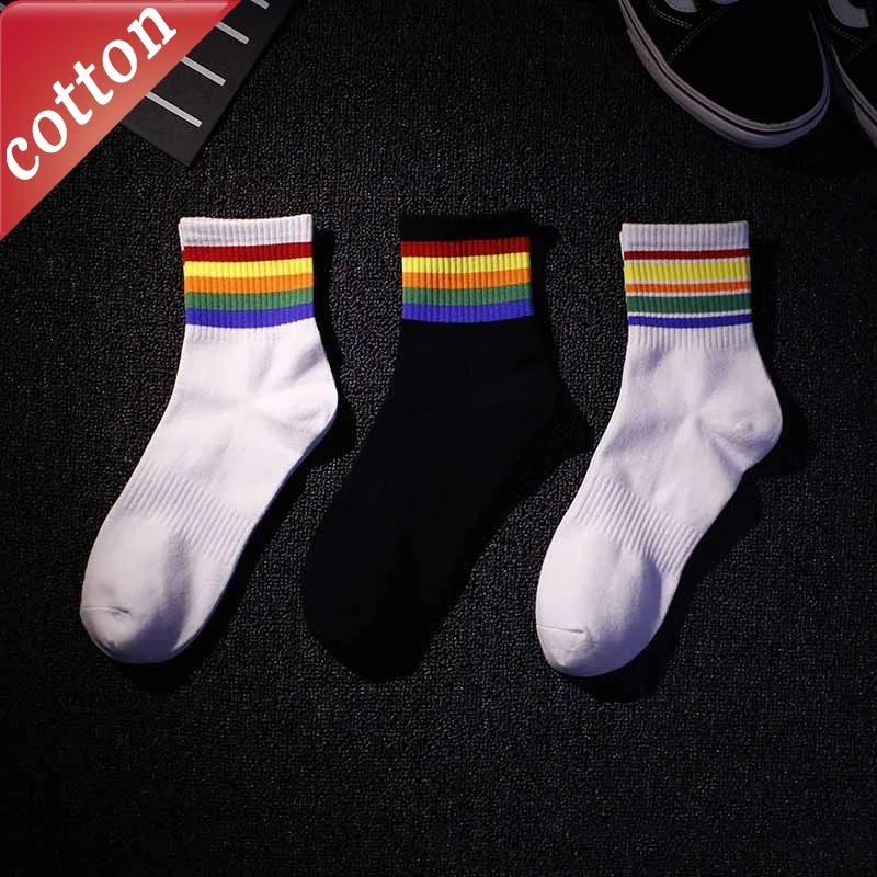 

3 Pairs Men's Socks Set New Korean Rainbow Stripes Classic Casual Harajuku Funny Sports High Quality Cotton Socks Wholesale