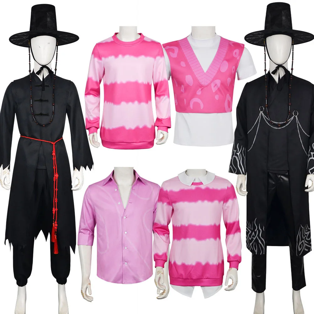 

Game KPOP Huntrix Cosplay Costume Anime Demon Hunters Pink Striped Long Sleeve Hat Wig Outfit Men Halloween Party Costume