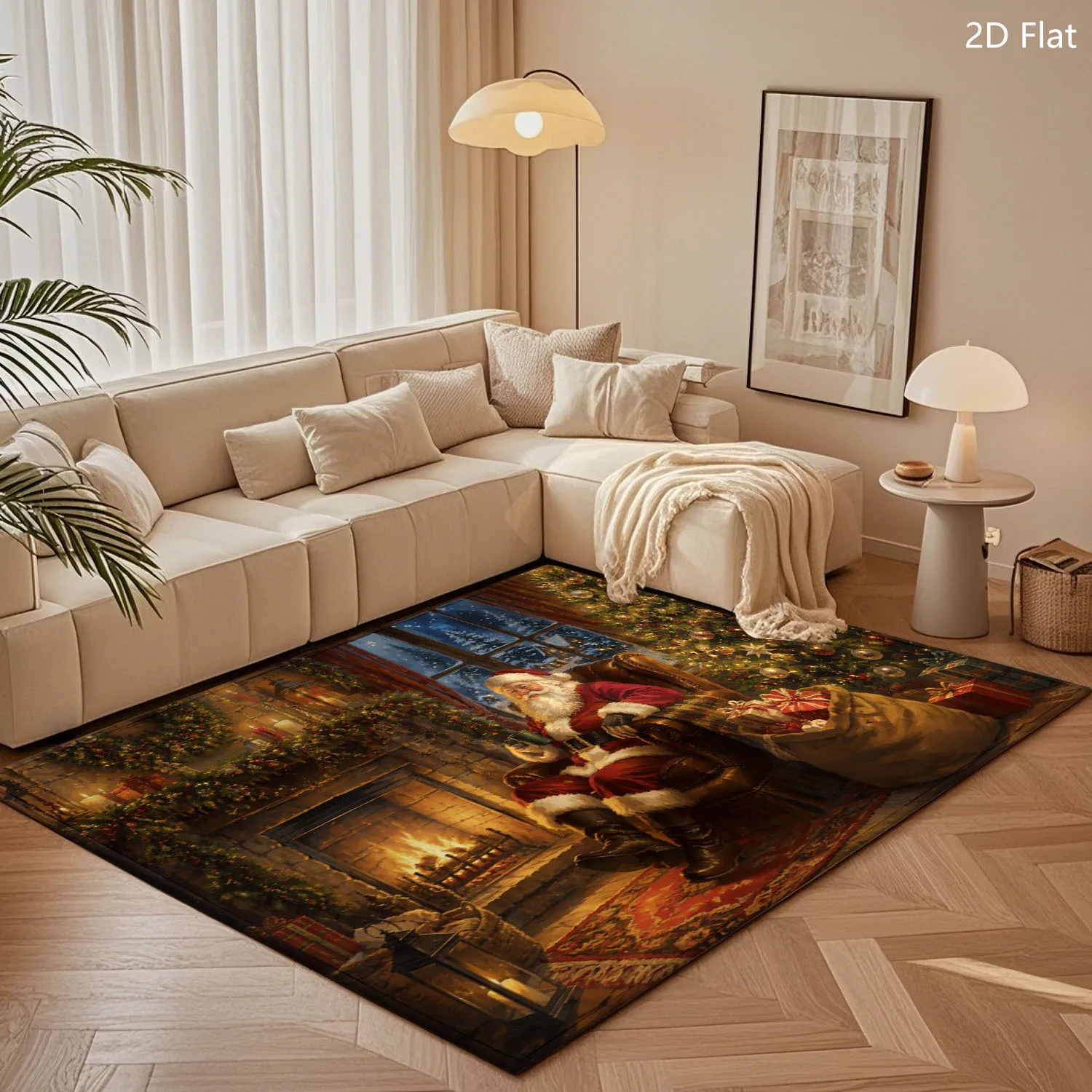 1pc 2D Flat Vintage Santa By Fireplace Christmas Printed Floor Mat, Decorative Rug for Living Room, Bedroom, Home