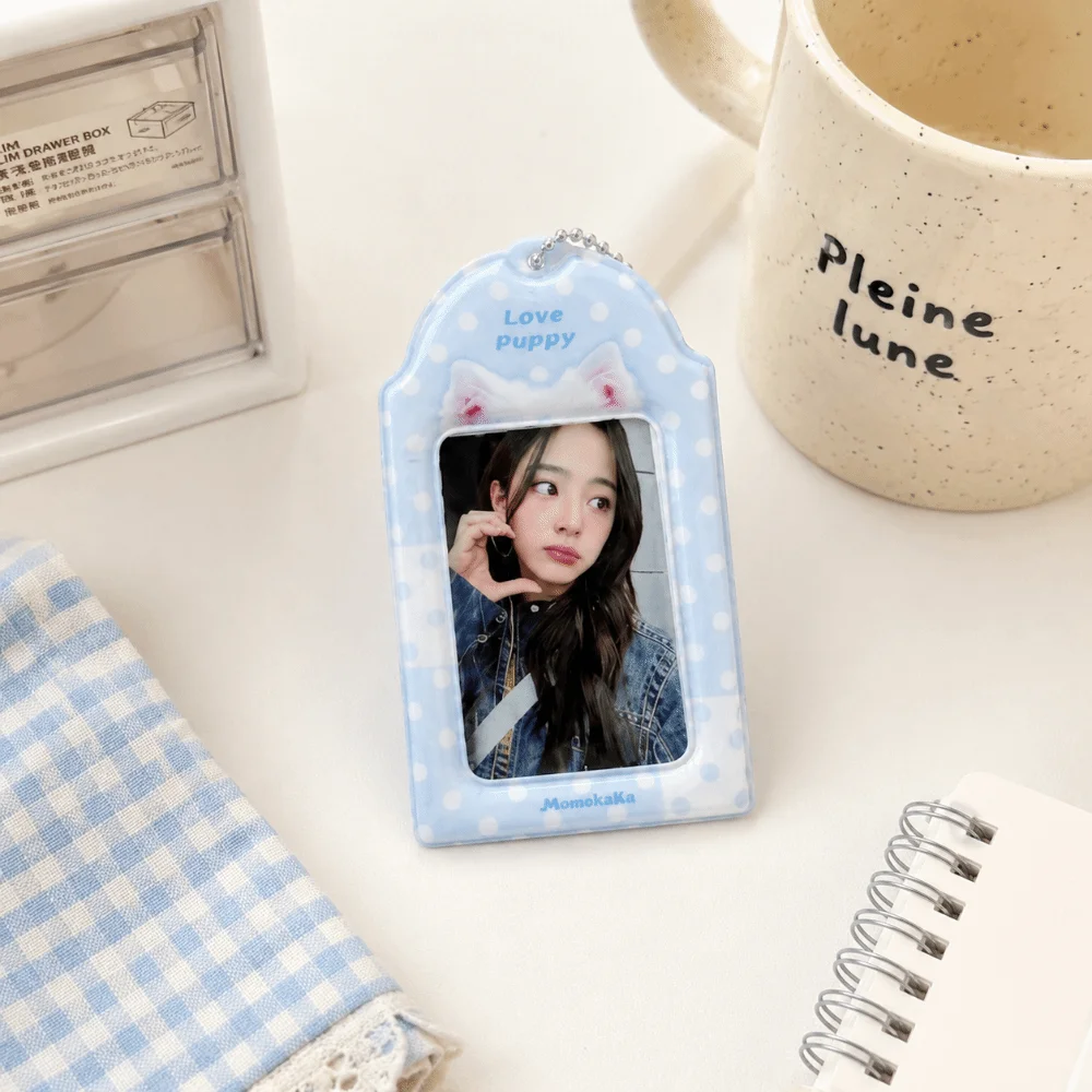 Cute PVC Photocard Holder Animal Ear Print with Chain Card Protector Polka Dot Design Photocard Case