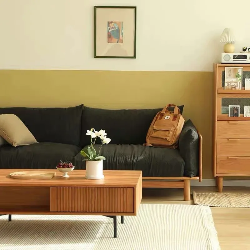 Nordic solid wood sofa modern simple small apartment single double three living room fabric combination Japanese cherry wood