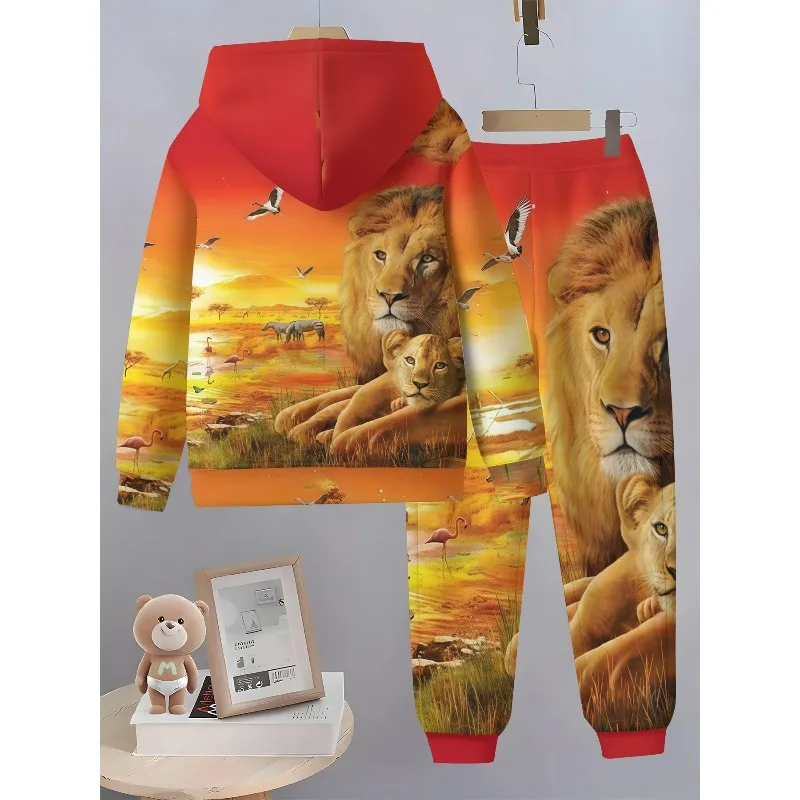 2025 Men's 2-piece Tiger Head Greek Key Leopard Lion Animal 3D Printed Hoodie and Running Pants Set