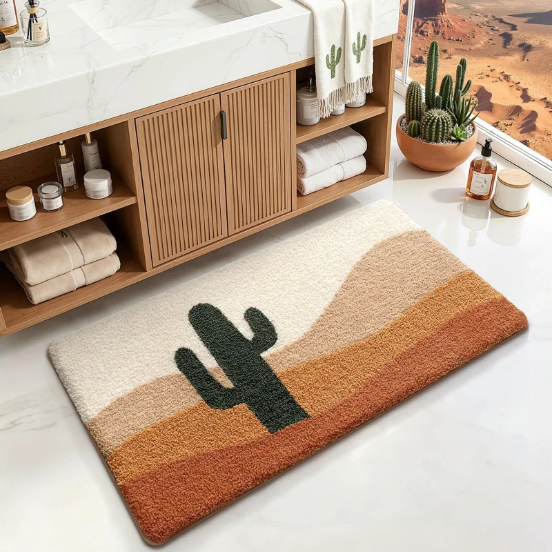VIKAMA Tapis en peluche Cactus de dessin animé, antidérapant, absorbant, pour salle de bain, chambre à coucher, salon, tapis d'entrée, décoration de la maison
