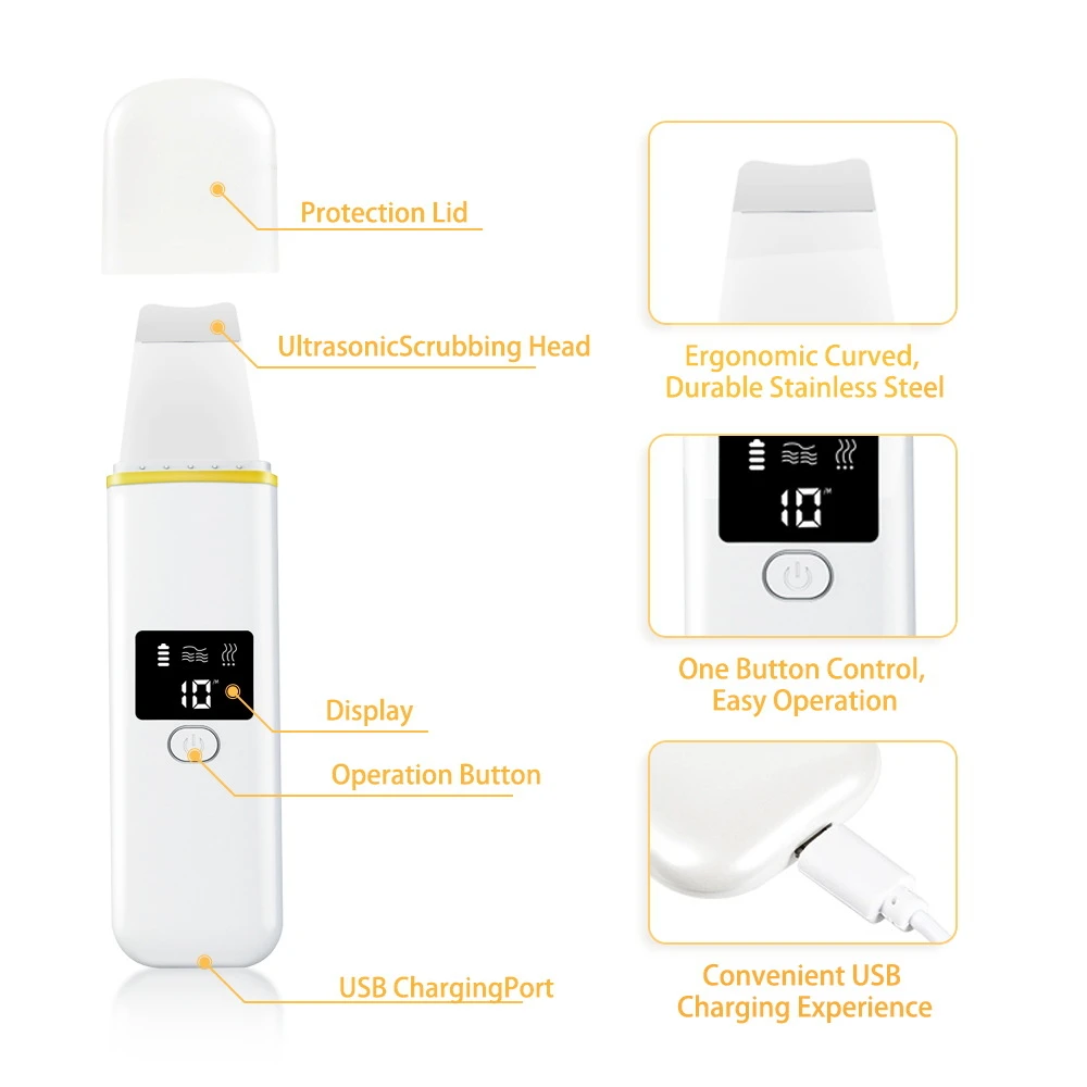 디스플레이 스크린 장착 블랙헤드 리무버, 모공 클리너, 초음파 피부 스크러버, 얼굴 뒤집개, 얼굴 피부 각질 제거 스크레이퍼