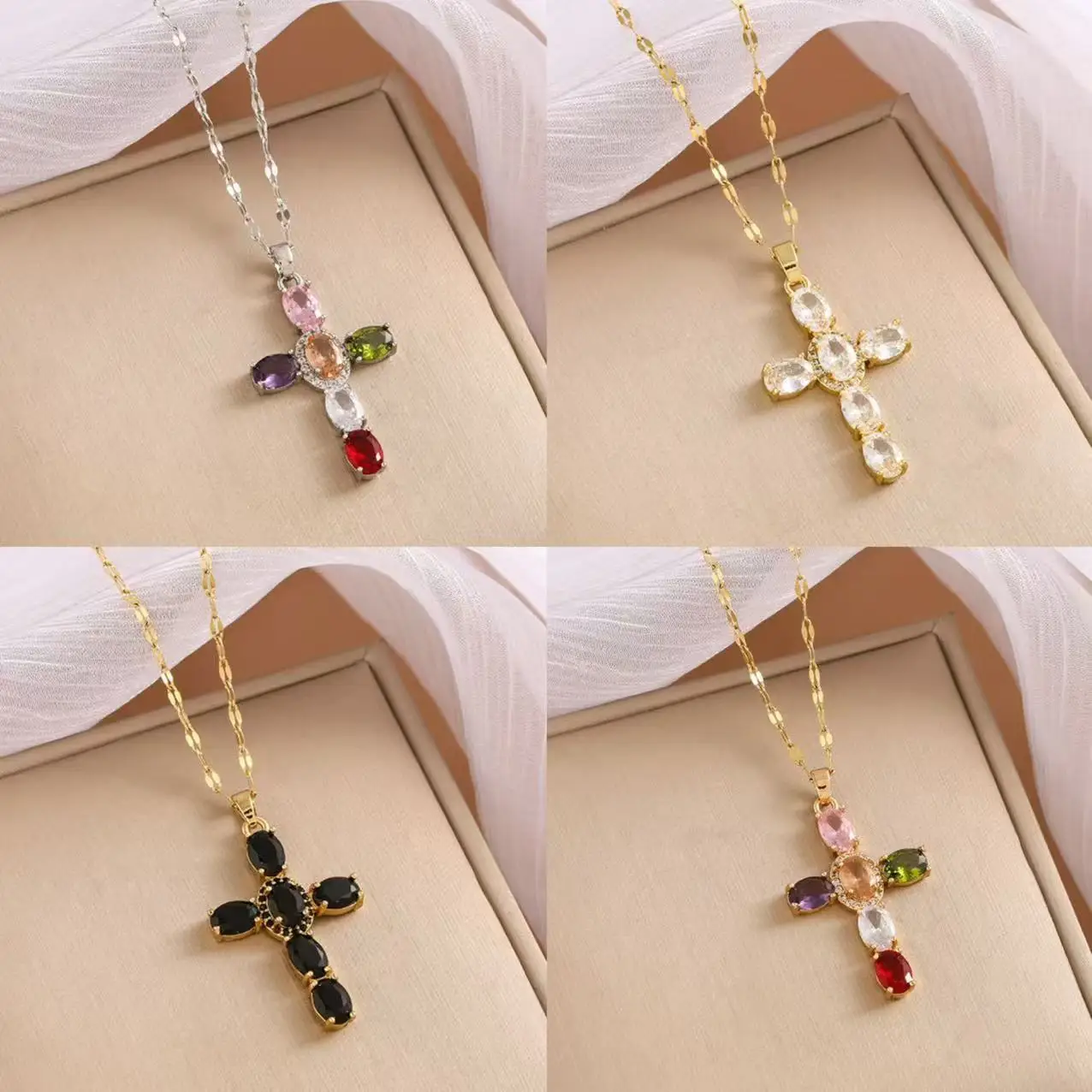 

The golden cross titanium steel necklace features a unique, fully-diamond zircon design that is niche in Europe and America