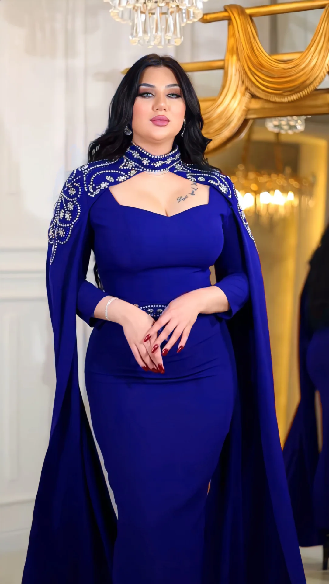 Diamonds Cape Sleeve Abaya Evening Party Dresses for Luxury Women Cloak Sleeve Slim Bodycon Vestidos Female African Clothing