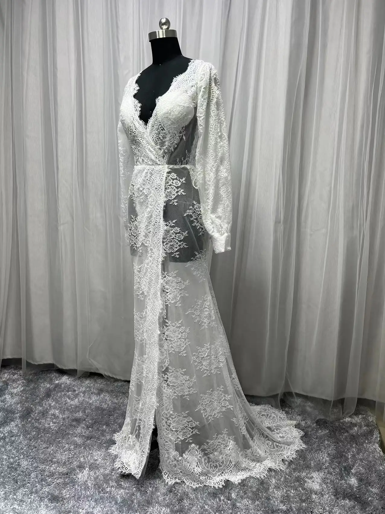 Real Photo Elegant Full Lace Wedding Dress Boho Long Puff Sleeve Country Bride Gowns Sexy Backless Charming 2023 Bridal Dresses