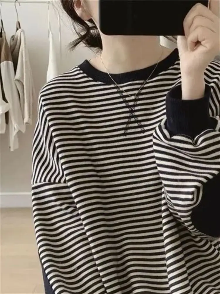 Loose Fit Ladies Hoodie Jaet plus Size Long Sve Striped Top Korean Sle Spring Autumn Wear Slimming Effect for Women
