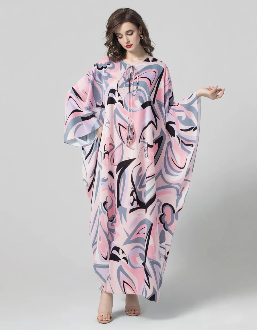 Women's Pink Abstract Print Maxi Dress Lace Up Tassels Boho Beach Fashion Long Robes Outwear