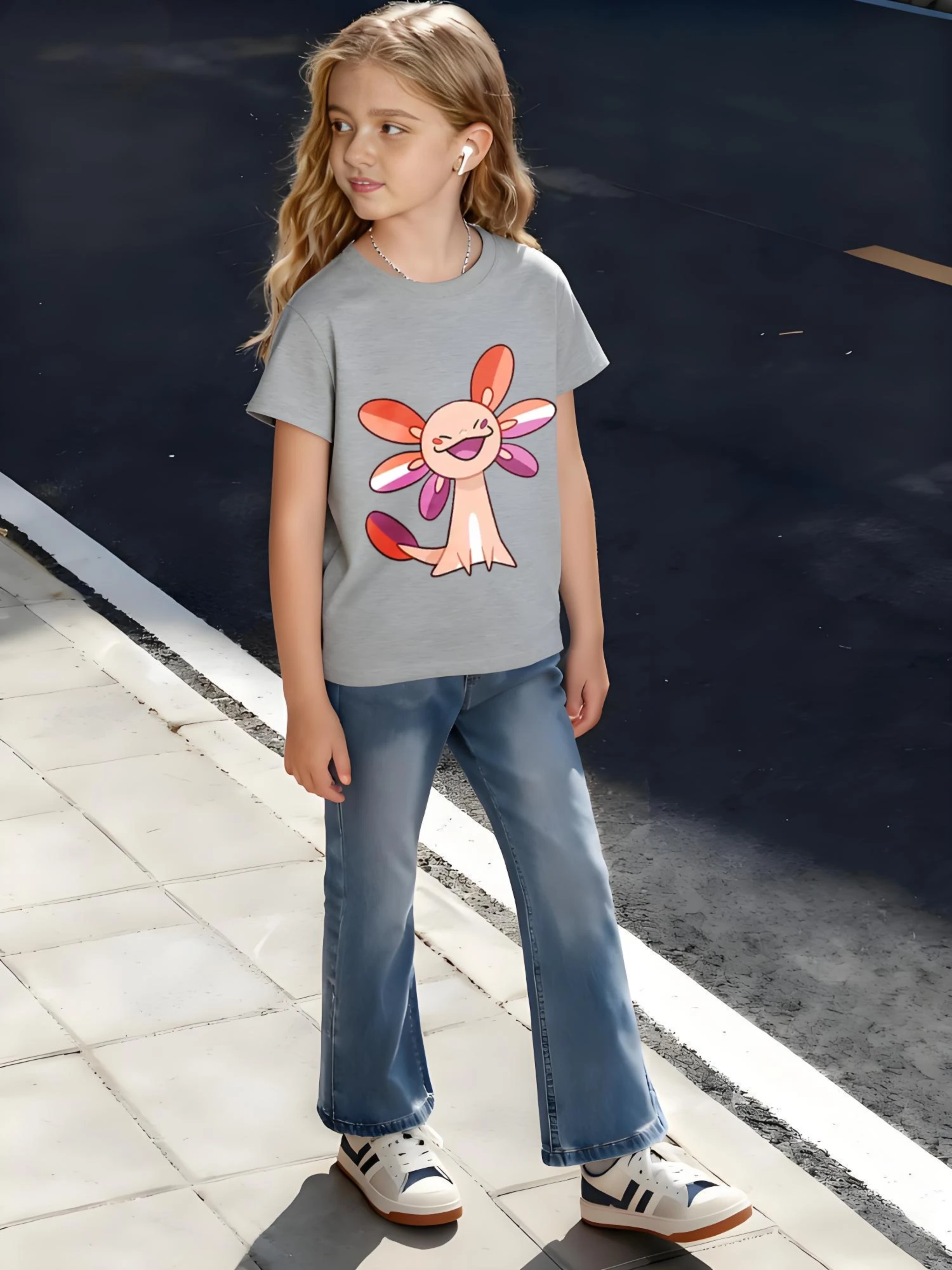 ​ أطفال الأطفال القطن تي شيرت سعيد Axolotl الوجه المبتسم مع الخياشيم الملونة والذيل تصميم للبنين بنات شخصية بهيجة