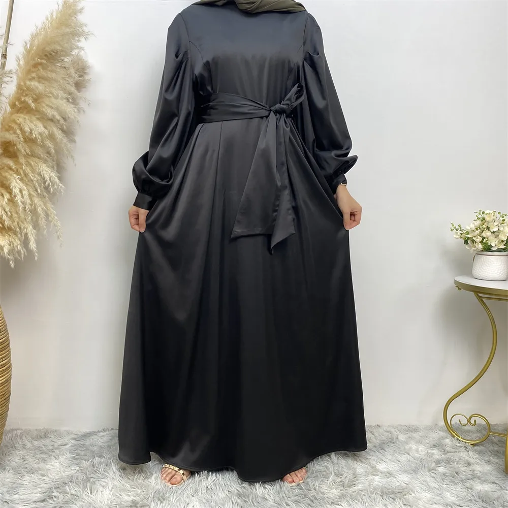 Fashion Women Satin Muslim Dress Hijab Arabic Pleated Abaya Dubai Balloon Sleeve with Ribbon Islamic Dress With belt wy1589