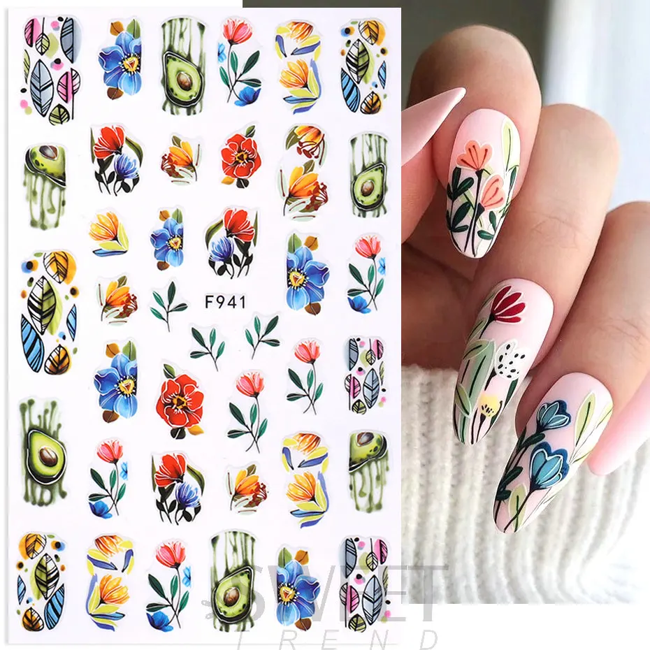 3D Flower Petal Nail Stickers Purple Pink Tulip Leaf Clover Summer Avocado Fruit Geometric Line Floral Manicure Decoration BEF