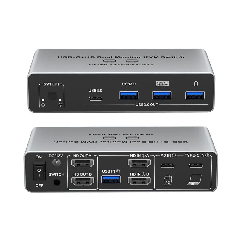 -Compatible 4K 60Hz Dual Monitor KVM Switch USB-C+ HD 2 In 2 Out-8K@ 60Hz Splitter With Remote Control US Plug