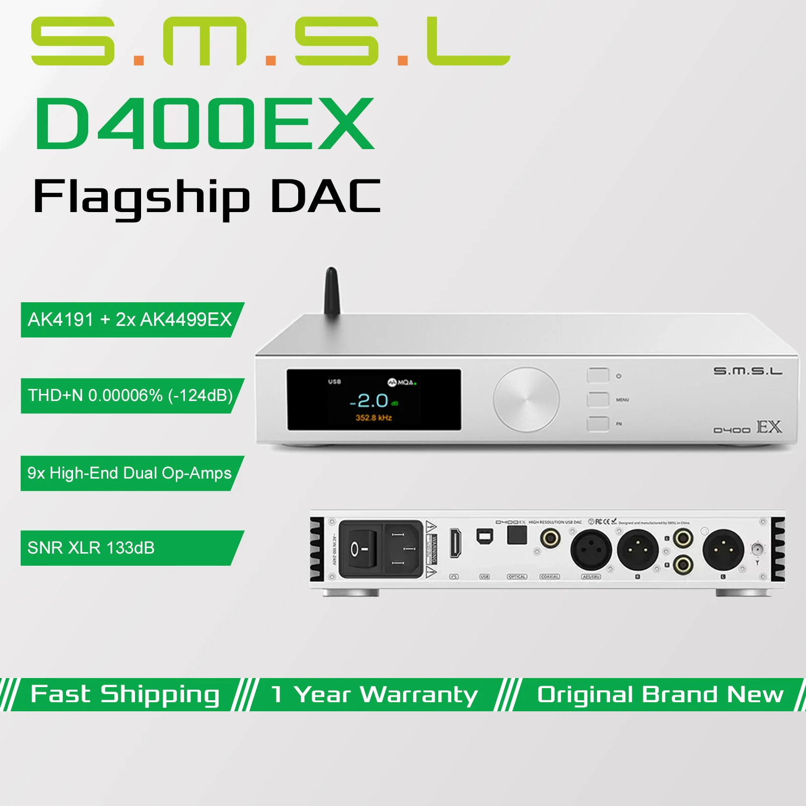 SMSL D400EX Hi-Res Audio Decoder 2x AK4499EX DAC Chip XU316 MQA USB DAC Optical Coaxial I²S Bluetooth Input With Remote Control