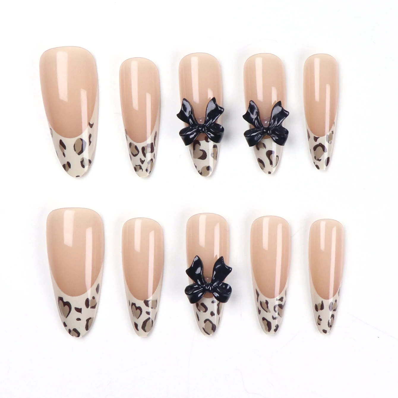 10PCS Almond Nail, Medium Size Fake Nail, Leopard Print French Pointed Fake Nail With 3D Bow Design, Acrylic Full Coverage Nail