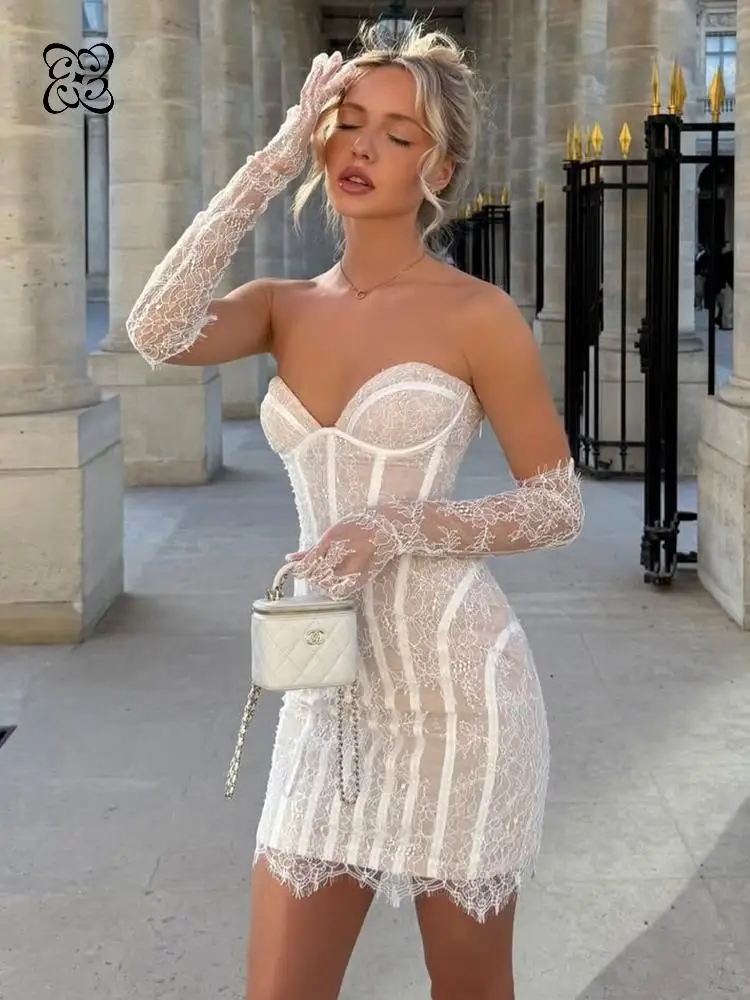 2026 White Strapless Lace Corset Mini Dress Sleeveless Sheer Mesh Bodycon Short Gown Slim Fit Clubwear Evening Birthday Dresses