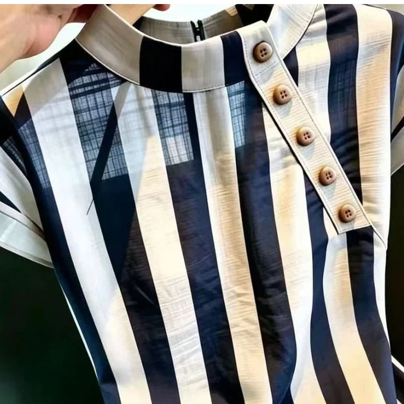 Customization Short Sleeve Button Patchwork Contrast Striped Vintage Shirt Tops Summer All-match Elegant Blouse Office Fashion