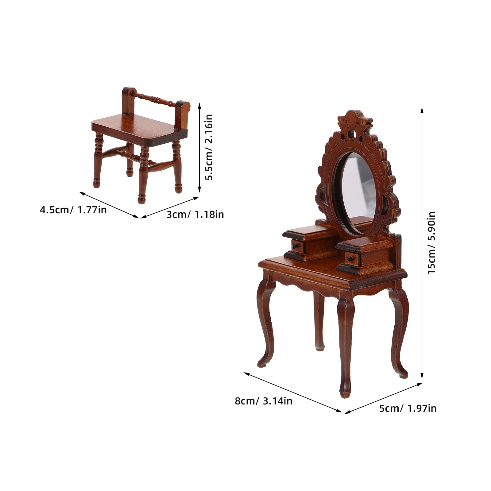 Legno 1:12 Casa delle bambole in miniatura vintage Tavolo da toeletta Specchio Sgabello Mobili per camera da letto Decorazioni creative Armadietto per casa delle bambole