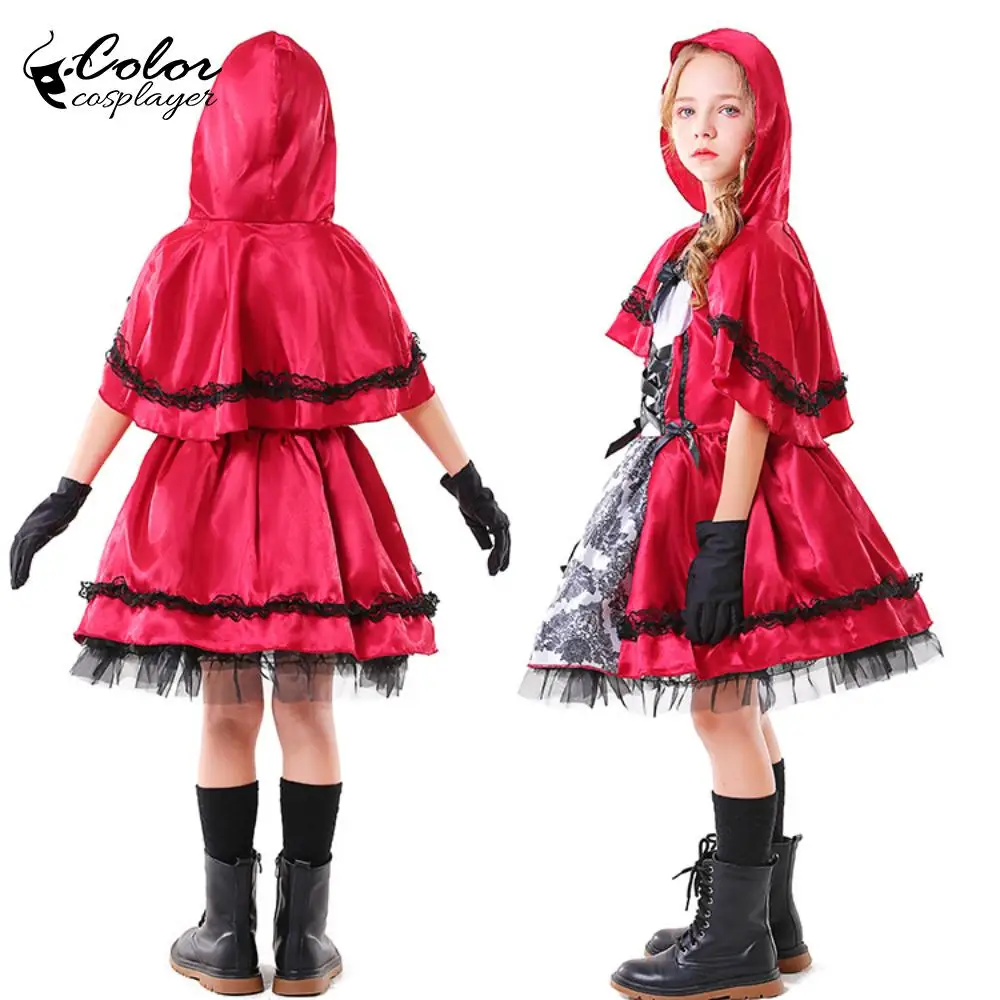 

Color Cosplayer Little Red Riding Hood Cosplay Costume for Kid Children Halloween Carnival Party Dress Hooded Shawl Stage Dress