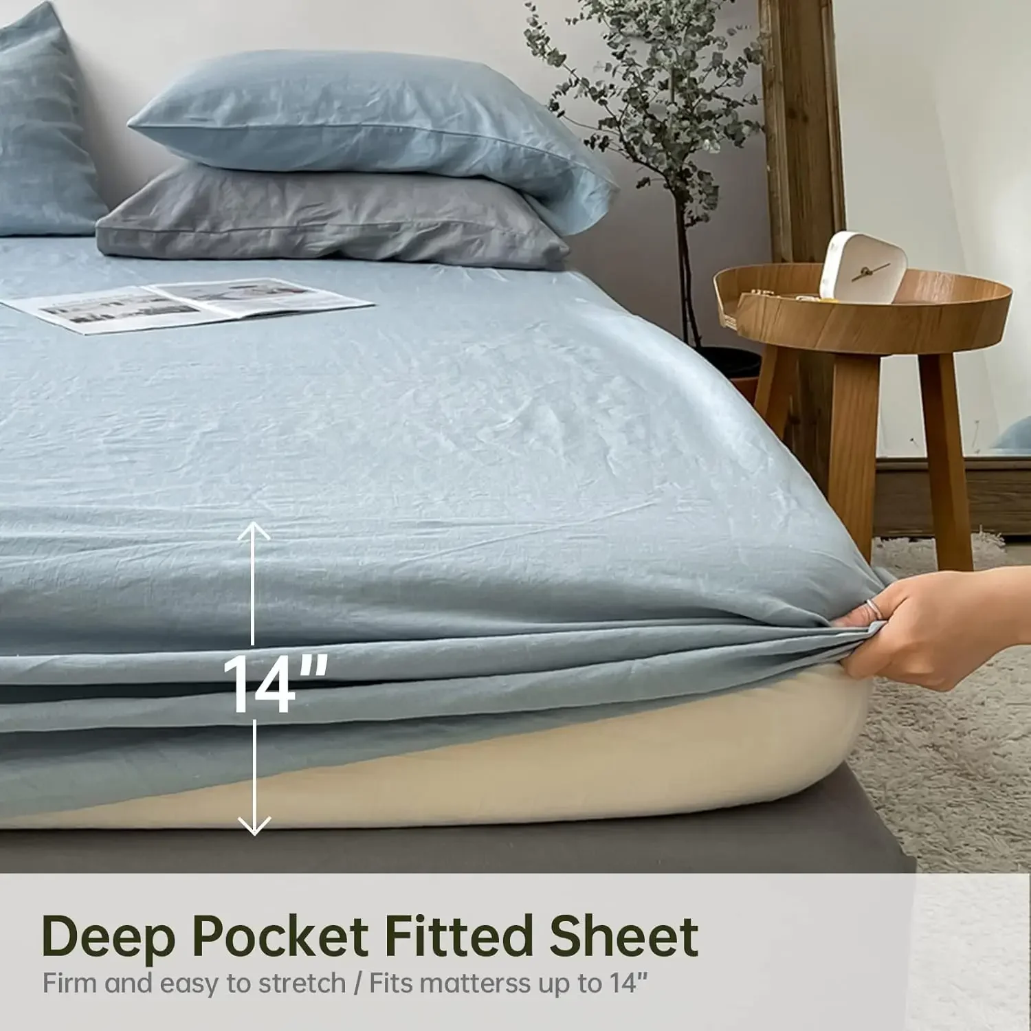 100% Linen Fitted Sheet (1 Piece) Mattress Cover, Natural Stone Washed Flax Fitted Sheet, 14 Inch Deep Pocket Farmhouse Bedding
