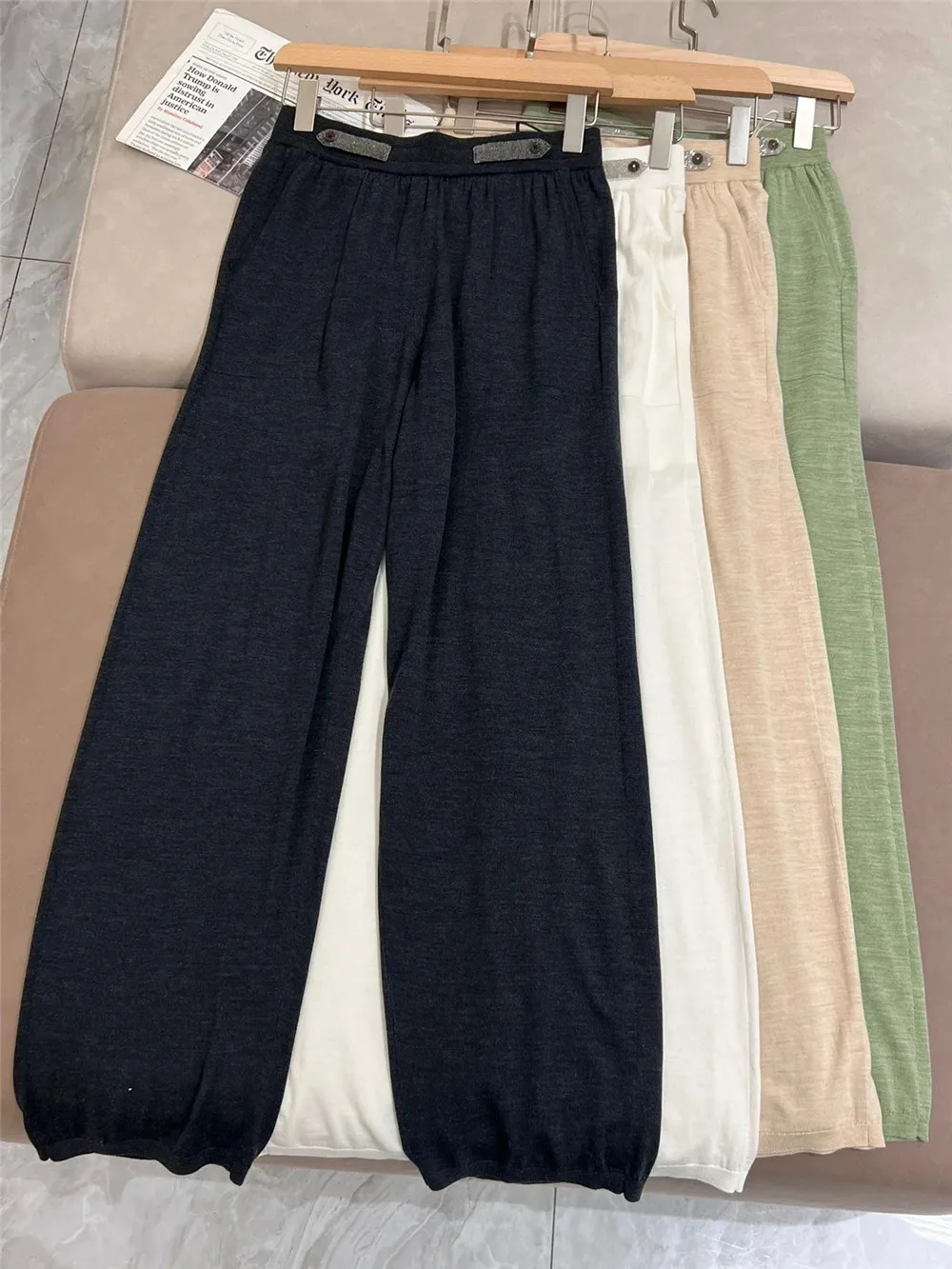 Women's Silk Wool Knitted Trousers Elastic Waist fashion Casual Pants Spring Summer 2024